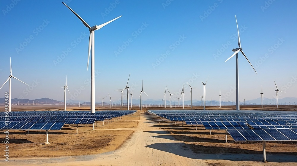 Poster sleek minimalist cityscape powered by a harmonious blend of solar panels wind turbines and cutting e