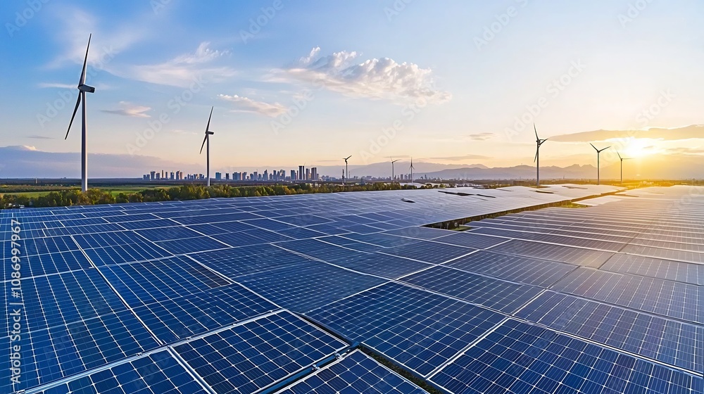 Poster Sleek minimalist cityscape featuring a harmonious blend of solar panels wind turbines and cutting edge energy storage systems creating a vision of clean efficient and sustainable urban living