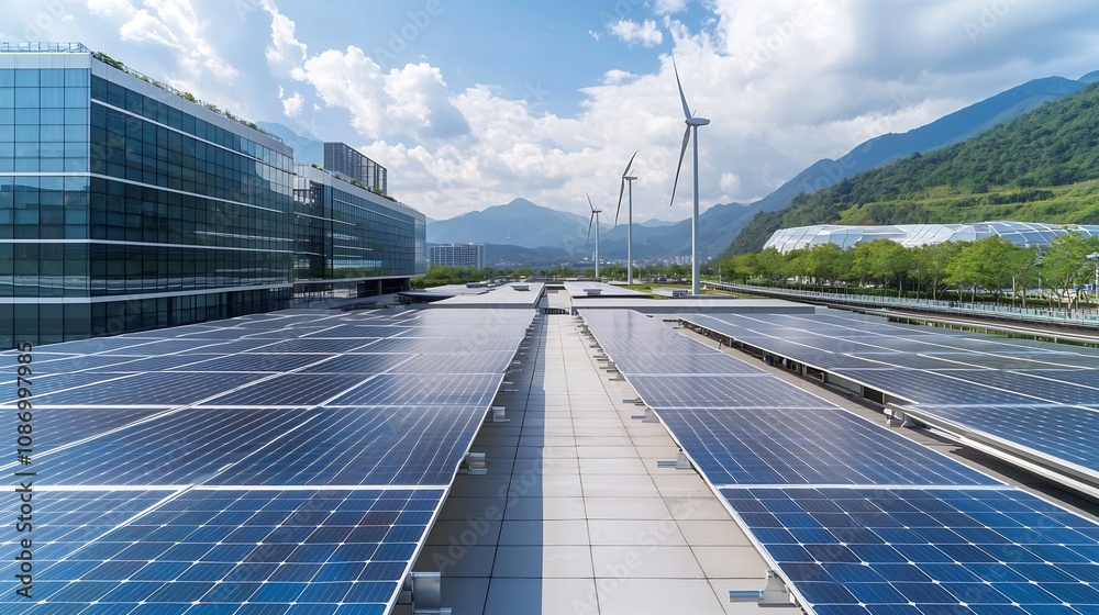 Fototapete sleek and minimalist cityscape showcasing a harmonious blend of solar panels wind turbines and cutti