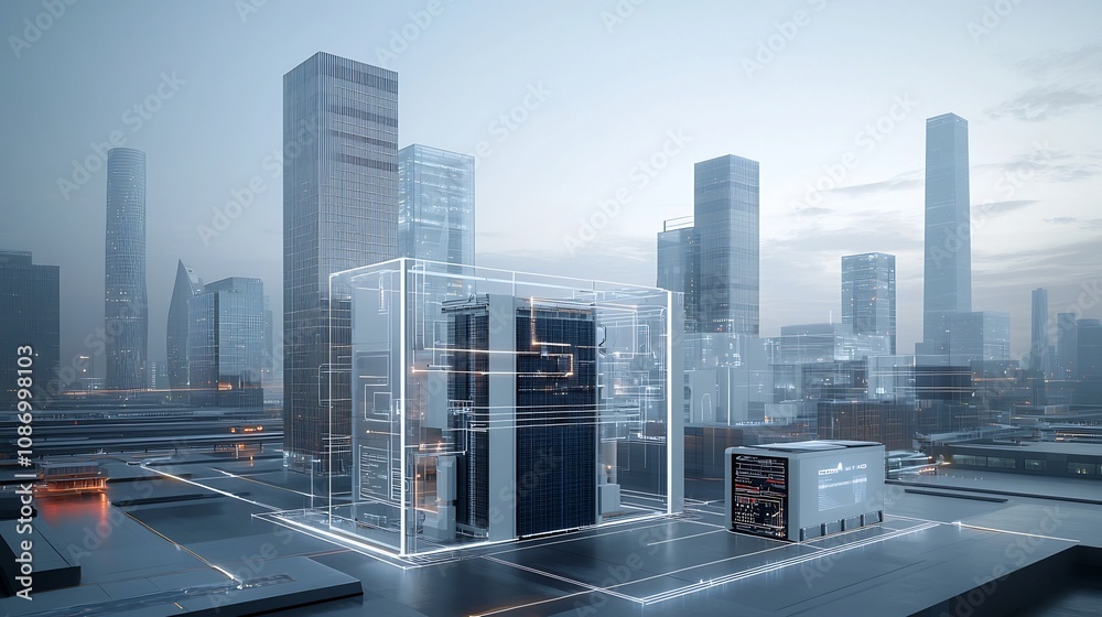 Poster futuristic metropolitan skyline powered by a high tech eco friendly smart grid with large scale batt