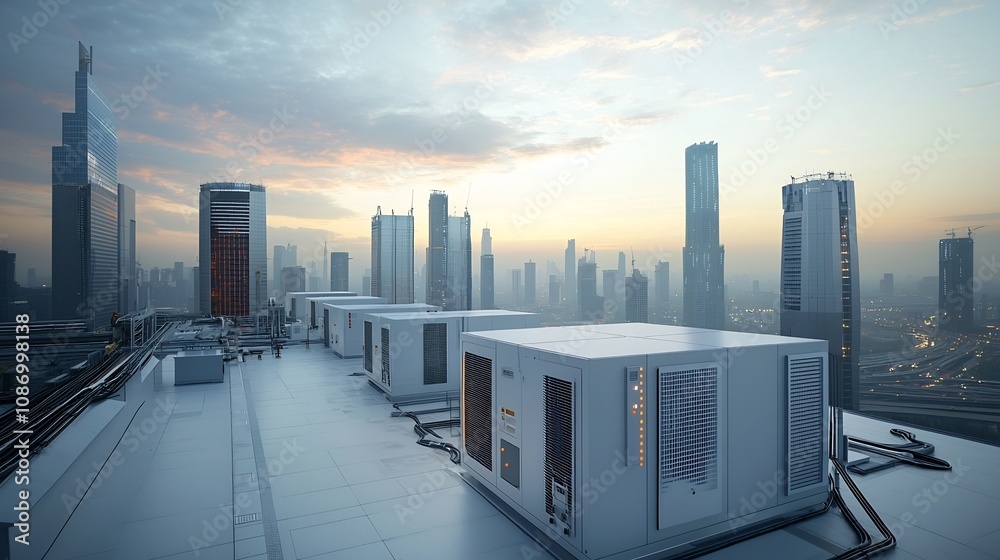 Poster Towering skyscrapers and transportation hubs energized by a high tech interconnected smart grid with large scale battery banks and thermal storage units ensuring reliable