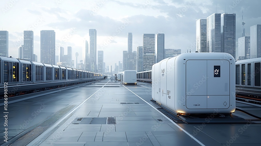 Poster Gleaming futuristic city powered by a sophisticated smart grid and an array of advanced energy storage solutions including massive battery arrays and thermal storage facilities