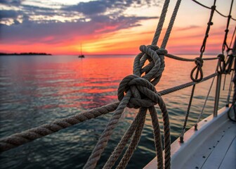 Obraz premium Silhouette of Yacht Ropes Against the Sea at Sunset - Close-Up Photography of Nautical Elements, Marine Vessels, and Ocean Waves