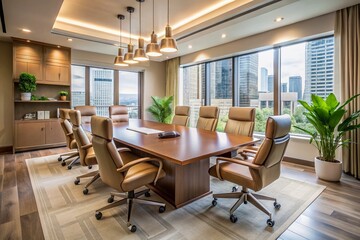 Elegant Minimalist Office Conference Room Featuring a Sleek Table Surrounded by Luxurious Leather Chairs for Professional Meetings and Collaborations
