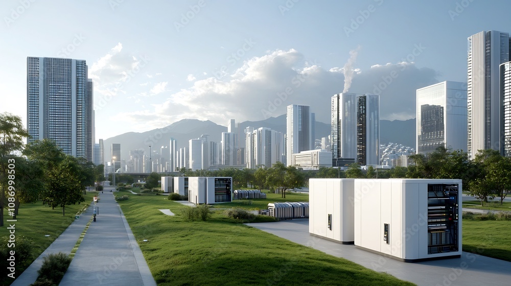 Poster Gleaming futuristic city skyline powered by a sophisticated smart grid and an array of energy storage solutions including massive battery arrays and advanced thermal storage facilities