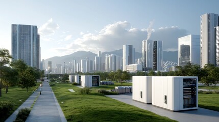 Gleaming futuristic city skyline powered by a sophisticated smart grid and an array of energy storage solutions including massive battery arrays and advanced thermal storage facilities