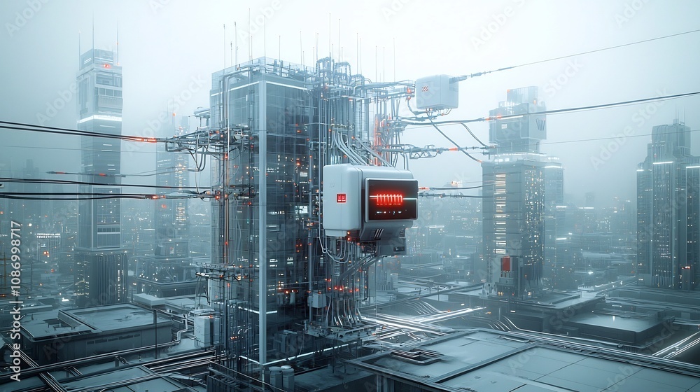 Poster Efficient energy distribution through interconnected smart grid systems with battery storage futuristic urban cityscape with sleek high rise buildings and advanced infrastructure