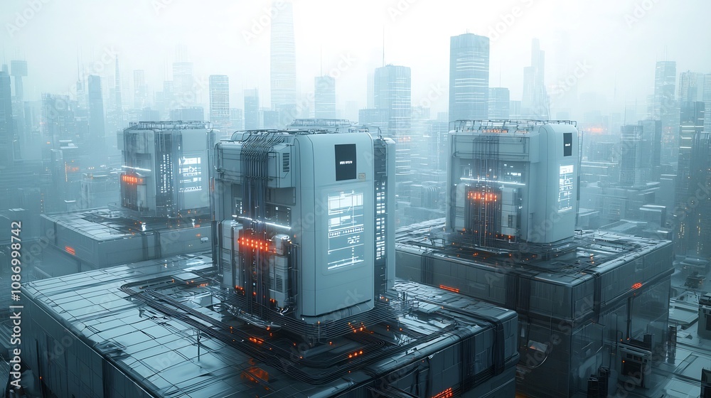 Aufkleber Efficient energy distribution through interconnected smart grid systems with battery storage futuristic urban cityscape featuring sleek high rise buildings and advanced infrastructure