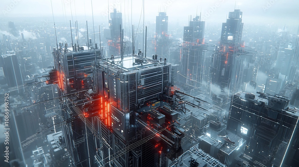 Poster Efficient Energy Distribution Through Interconnected Smart Grid Systems with Battery Storage and Futuristic Urban Cityscape  Sleek High Rise Buildings Advanced Infrastructure