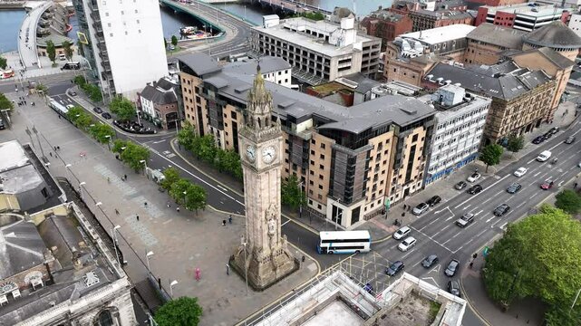 Drone footage of Albert Memorial Clock in Belfast, Northern Ireland