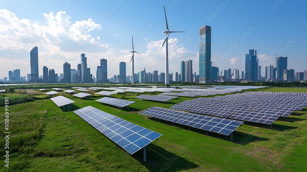 Aufkleber Innovative smart grid system efficiently integrating and managing renewable energy sources like wind solar and hydropower with urban infrastructure for sustainable power distribution and utilization