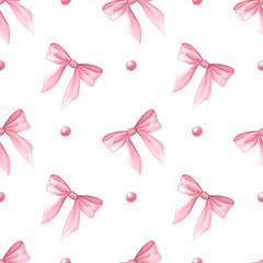 Bows and beads in pastel pink color. Hand drawn watercolor seamless pattern coquette core isolated on white for packaging paper, textile, wrapping, curtain, scrapbooking paper, fabric, wallpaper.