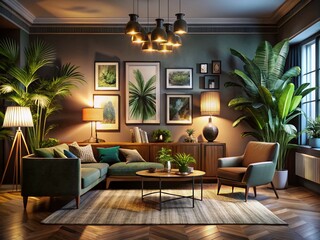 Nighttime Elegance: A Modern Home Interior Showcasing Retro Furniture, Lush Tropical Palms, a Stunning Gallery Wall, and Sophisticated Personal Accessories in Soft Ambient Lighting