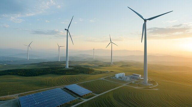 An advanced centralized power grid network seamlessly integrating wind farms solar panels and nuclear power plants to efficiently deliver clean reliable electricity to smart