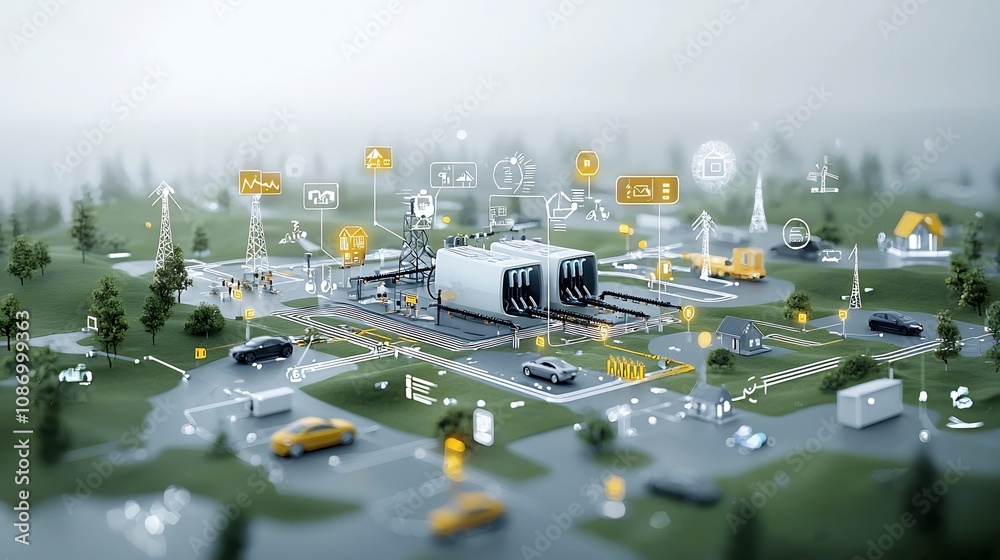 Poster Visualization of an advanced power grid management hub that seamlessly connects energy sources electric vehicles and smart homes enabling efficient sustainable