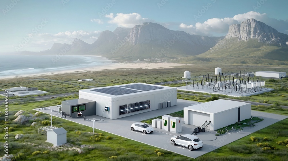 Poster Visualization of a power grid management hub that links various energy sources electric vehicles and smart homes showcasing the and optimization of a sustainable energy infrastructure for the future