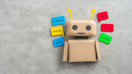 Obraz premium Cardboard AI chatbot icon designed as a friendly robot head, with colorful text bubbles surrounding it.