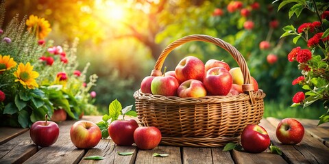 Organic Ripe Red Apples in a Wicker Basket on a Garden Table Surrounded by Lush Greenery, Capturing the Essence of Fresh Produce and Nature's Bounty in a Tranquil Setting