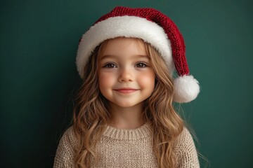 Smiling young girl in Santa hat and cozy sweater radiating holiday warmth and joy against green background Generative AI