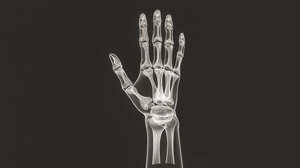 X-ray of a human hand in minimalist form, centered on a soft dark grey background.