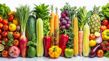 Panoramic Vertical Strip of Fresh Fruits and Vegetables Isolated on White Background, Perfect for Healthy Lifestyle Promotions and Nutritional Content, with Abundant Copy Space for Custom Text