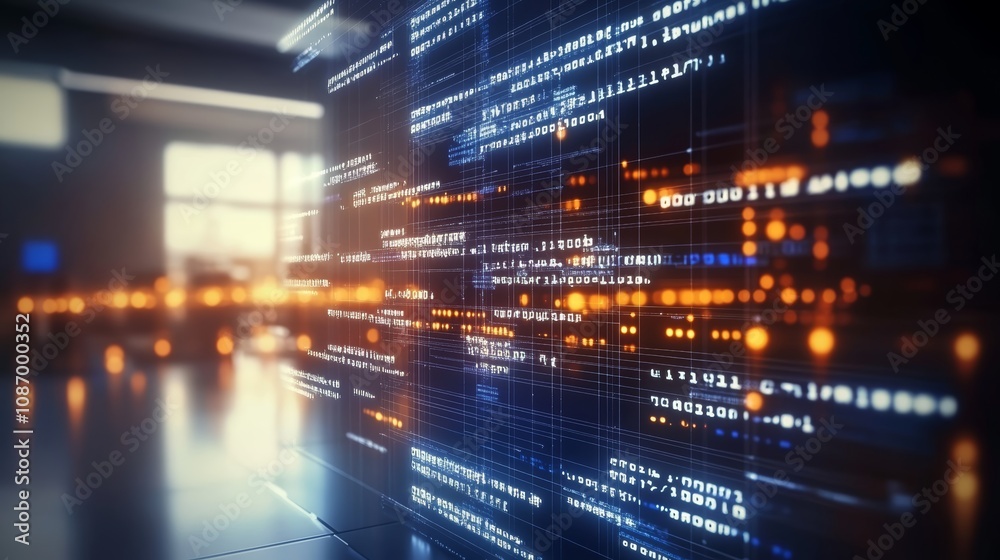 Poster blurred office background with technology overlay, programming code, big data, software development