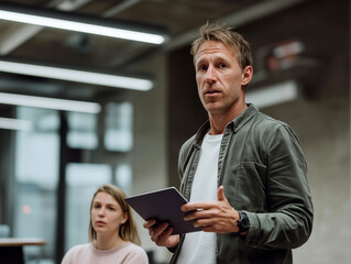Focused Male Presenter Leading Discussion in Modern Workplace
