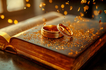 Two wedding golden rings lying on a bible