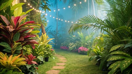 Obraz premium Vivid Neon Jungle: Lush Tropical Plants in a Vibrant Panoramic Background for Nature and Travel Enthusiasts