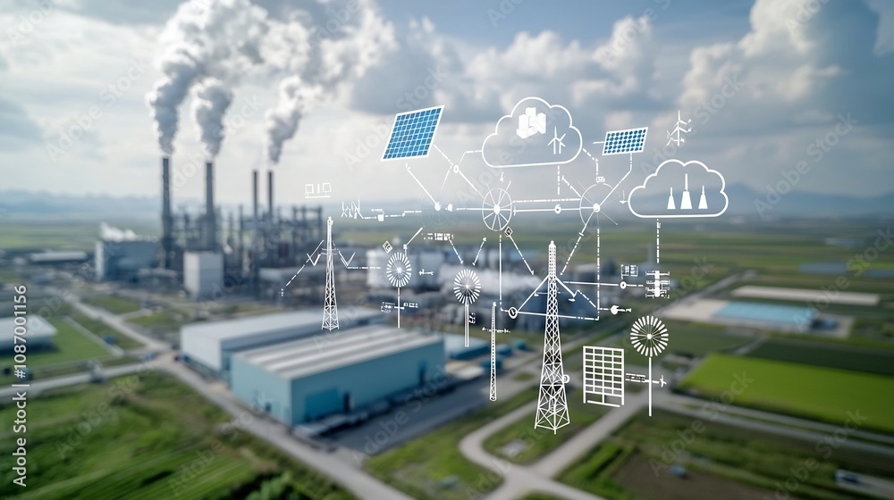 Aufkleber Conceptual of a centralized smart grid system that integrates various renewable energy sources including solar wind and hydro along with nuclear and thermal power plants