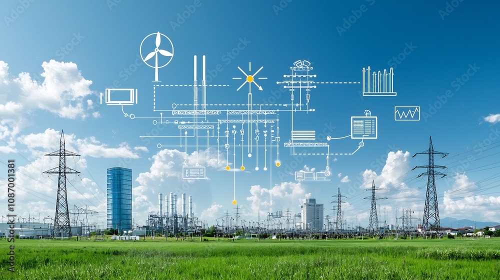 Leinwandbilder centralized power grid showcasing a smart energy network that connects renewable and non renewable e