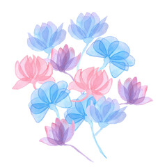 leaves and flowers with transparent petals composition on white background watercolor illustration floral background for invitations. for clothing, wallpaper, wrapping paper, home decor