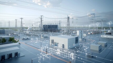 Futuristic smart grid management center overseeing the interconnected power sources of wind solar nuclear thermal and hydroelectric