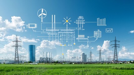Centralized power grid showcasing a smart energy network that connects renewable and non renewable energy sources to homes cities and industries for efficient power distribution and management