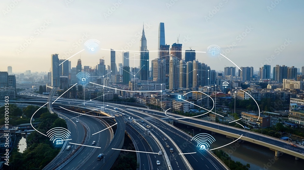 Poster Futuristic High Tech City Skyline with Smart Grid and Digital Network Overlay Showcasing Advanced Energy Storage Solutions and Data Flow Connectivity