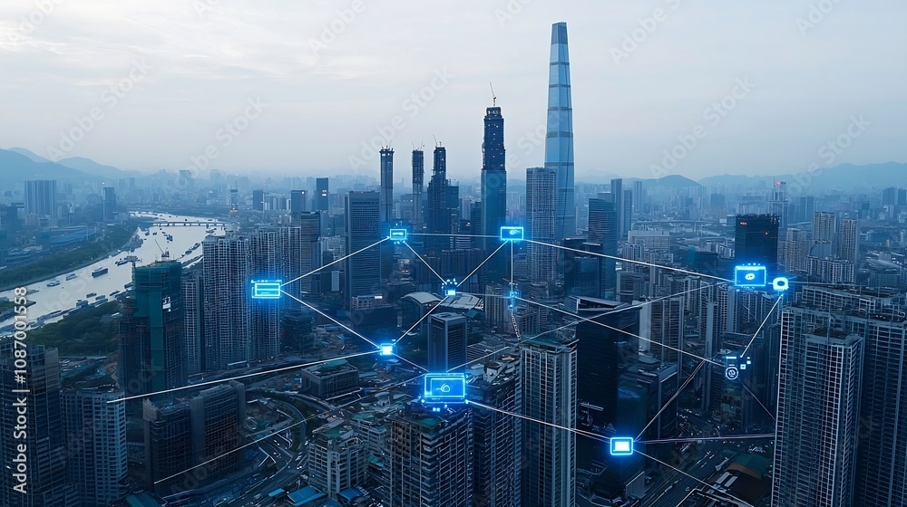 Fototapete Panoramic view of a high tech city skyline featuring a smart grid system with advanced energy storage solutions and a digital network overlay displaying the flow of data