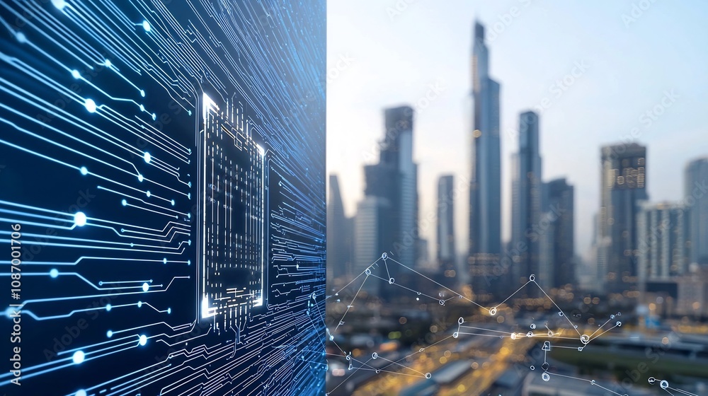 Poster Futuristic smart city skyline with skyscrapers featuring innovative energy storage solutions and a digital foreground filled with data points and circuit lines
