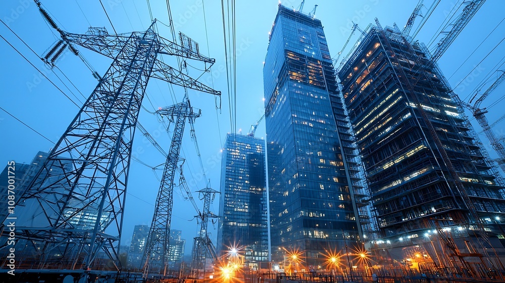 Poster futuristic cityscape with tall buildings illuminated by smart grid power technology and integrated e