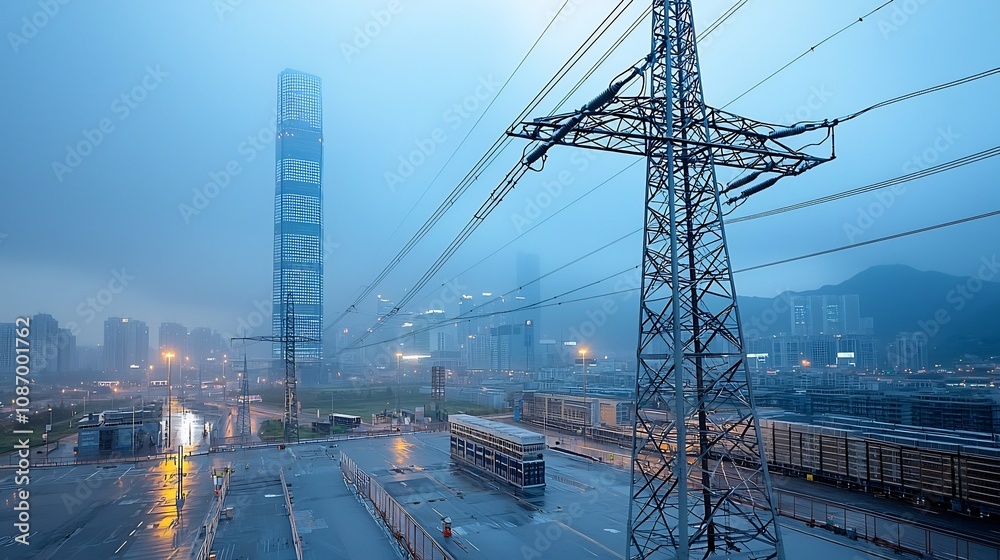 Poster futuristic skyline illuminated by cutting edge smart grid power technology with integrated energy st