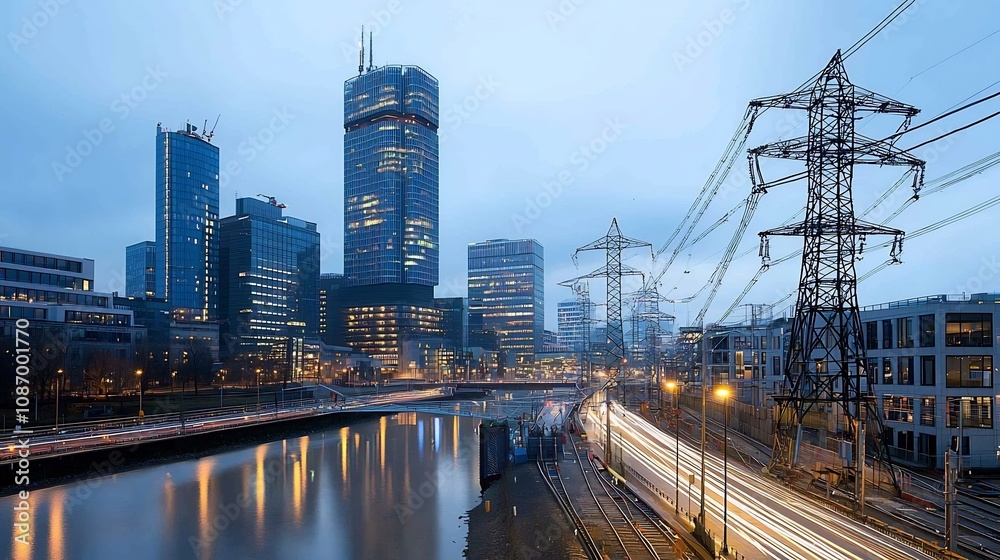 Aufkleber Futuristic skyline with tall buildings illuminated by smart grid power technology and integrated energy storage systems showcasing the future of urban infrastructure and renewable energy efficiency