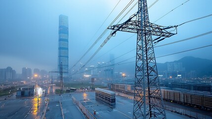 Futuristic skyline illuminated by cutting edge smart grid power technology with integrated energy storage in tall