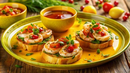 Prawn Toasts Served on a Vibrant Yellow Plate with Fresh Garnishes, Perfectly Styled for a Fashionable Culinary Experience