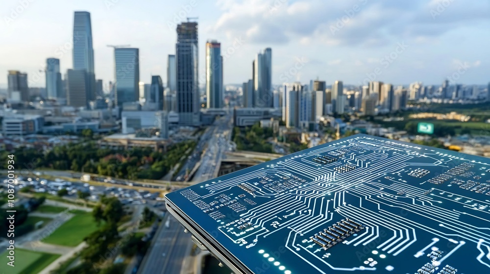 Aufkleber Breathtaking futuristic cityscape with advanced architectural design smart grid energy sources and integrated digital storage and circuit systems for a sustainable and high tech future