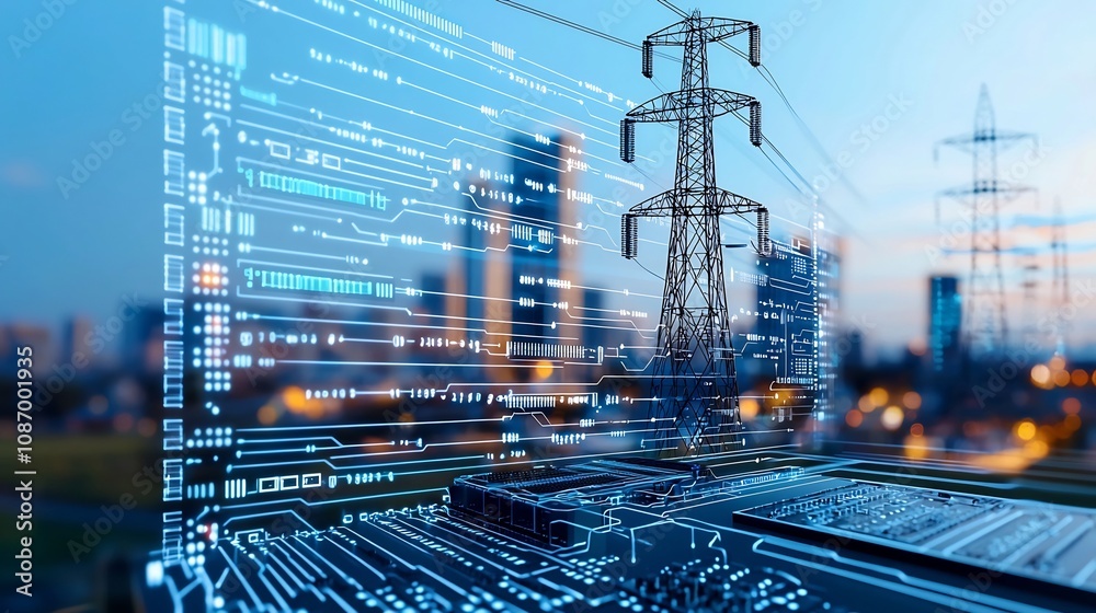Aufkleber Advanced visualization of a high tech city powered by a smart energy grid and intelligent data network infrastructure showcasing the of renewable storage digital connectivity