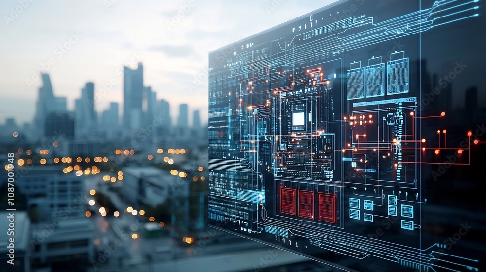 Poster futuristic urban skyline featuring advanced architecture with integrated smart energy grid renewable