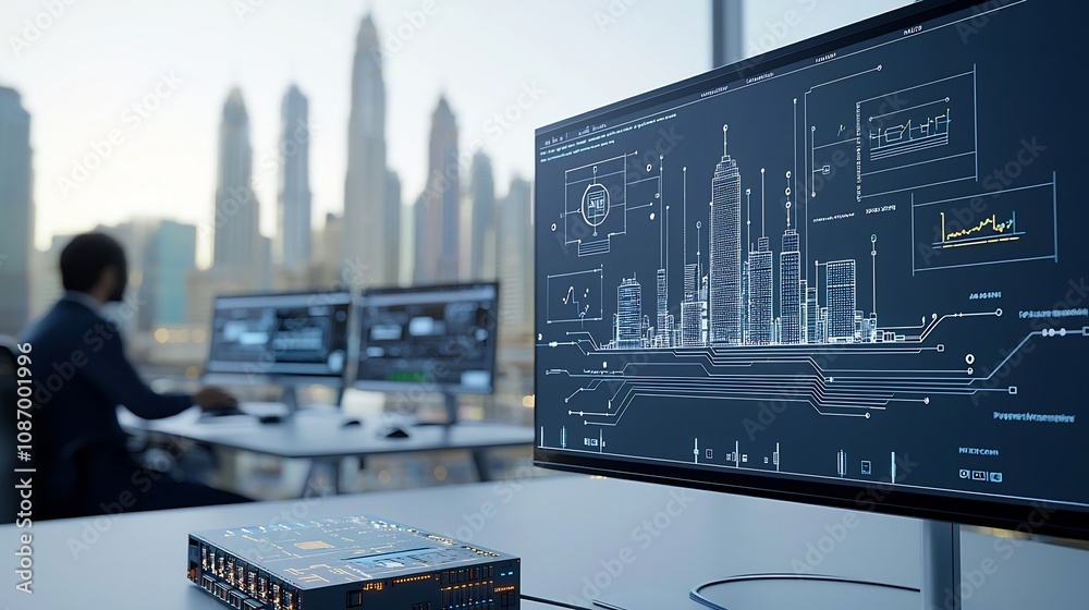 Aufkleber Futuristic visualization of a modern high tech city powered by an advanced smart grid and data network infrastructure  The image showcases the efficient energy distribution digital connectivity