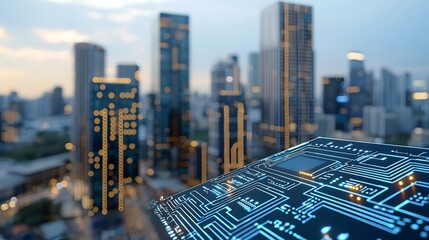 Visualization of a high tech futuristic city powered by an intelligent smart grid and advanced technology network showcasing data circuits power connections and sustainable urban infrastructure