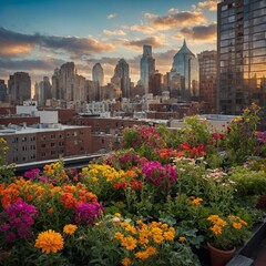 A rooftop garden with colorful flowers overlooking a bustling cityscape.

