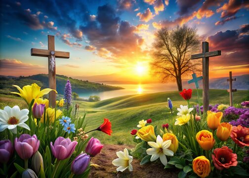 Panoramic Easter Good Friday Clipart Featuring Vibrant Spring Elements, Crosses, Flowers, and Celebratory Themes for Seasonal Decorations and Religious Observances