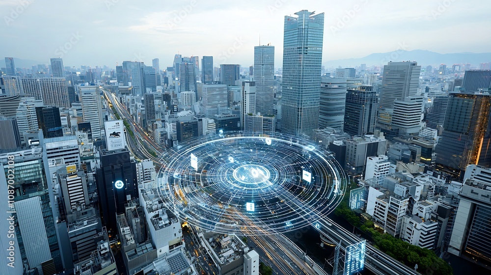 Poster Futuristic urban landscape showcasing energy efficient skyscrapers a smart grid power network and a digital data overlay highlighting seamless connectivity and technological innovation